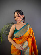 Elora Orange Soft Silk Peacock Pattern Zari Weaving Contrast Border Banarasi Saree | Grocsy