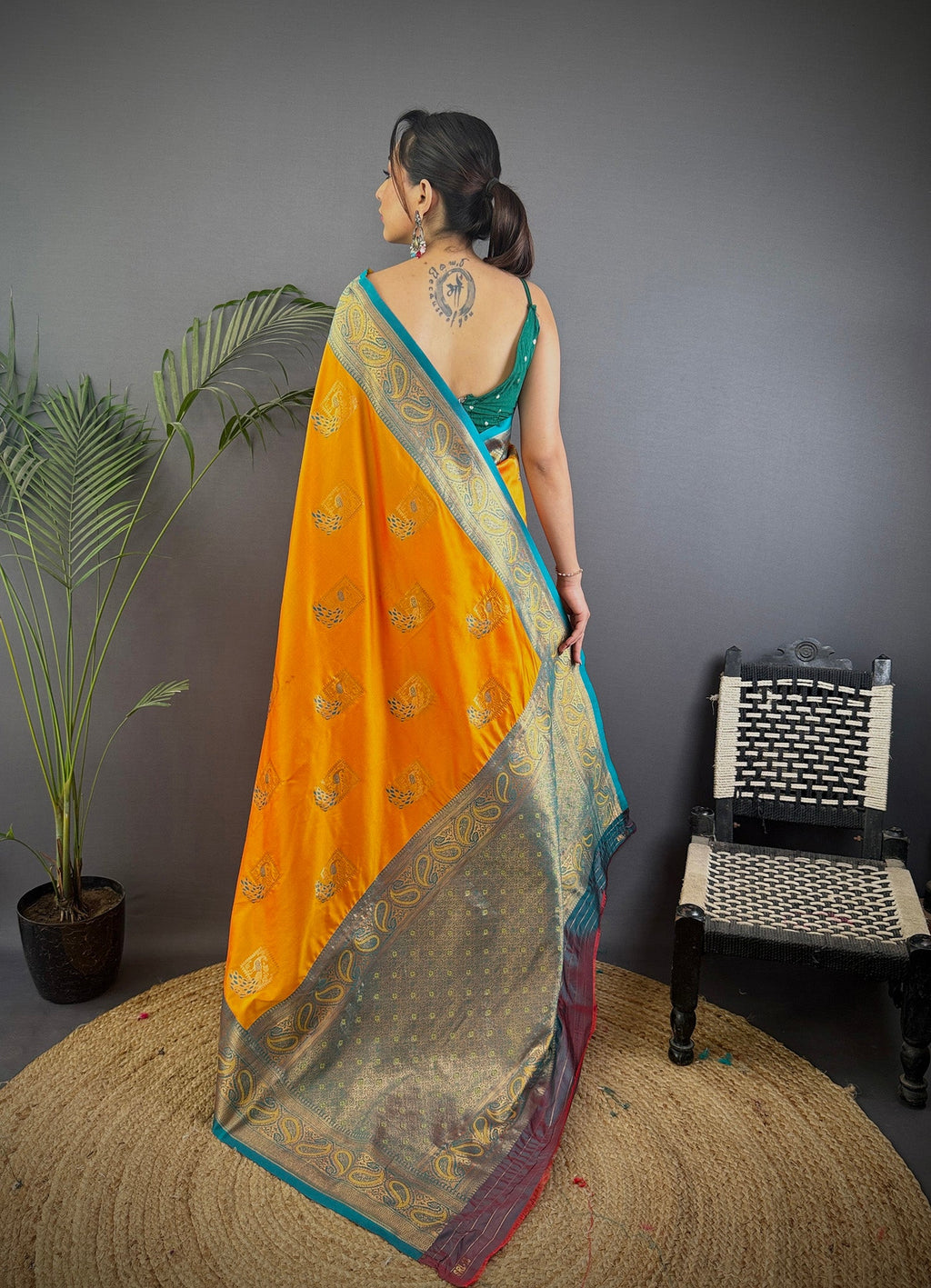 Elora Orange Soft Silk Peacock Pattern Zari Weaving Contrast Border Banarasi Saree | Grocsy
