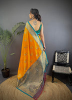Elora Orange Soft Silk Peacock Pattern Zari Weaving Contrast Border Banarasi Saree | Grocsy