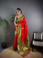 Elora Red Soft Silk Peacock Pattern Zari Weaving Contrast Border Banarasi Saree | Grocsy