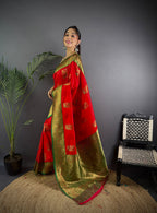 Elora Red Soft Silk Peacock Pattern Zari Weaving Contrast Border Banarasi Saree | Grocsy