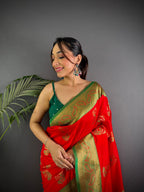 Elora Red Soft Silk Peacock Pattern Zari Weaving Contrast Border Banarasi Saree | Grocsy