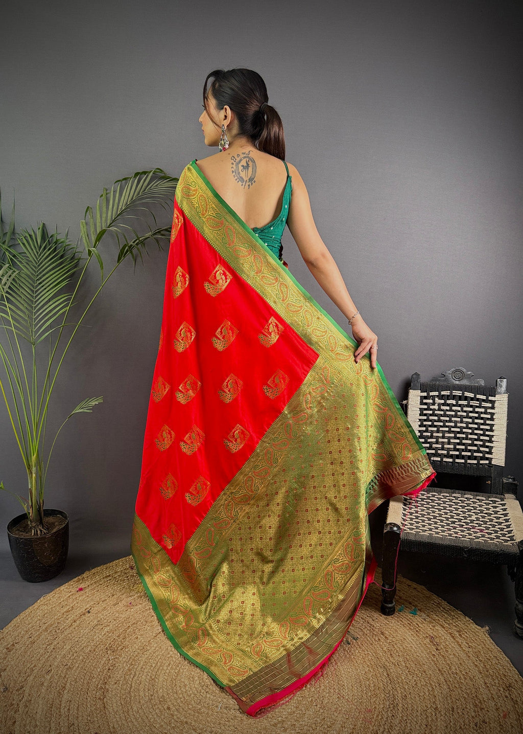 Elora Red Soft Silk Peacock Pattern Zari Weaving Contrast Border Banarasi Saree | Grocsy