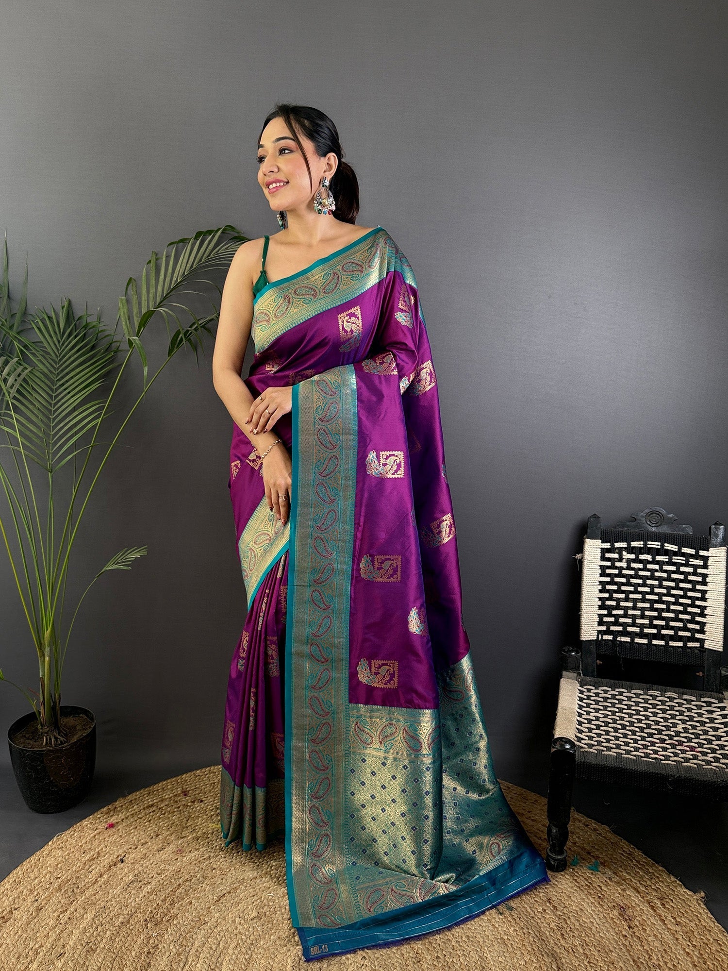 Elora Plum Soft Silk Peacock Pattern Zari Weaving Contrast Border Banarasi Saree | Grocsy