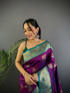 Elora Plum Soft Silk Peacock Pattern Zari Weaving Contrast Border Banarasi Saree | Grocsy