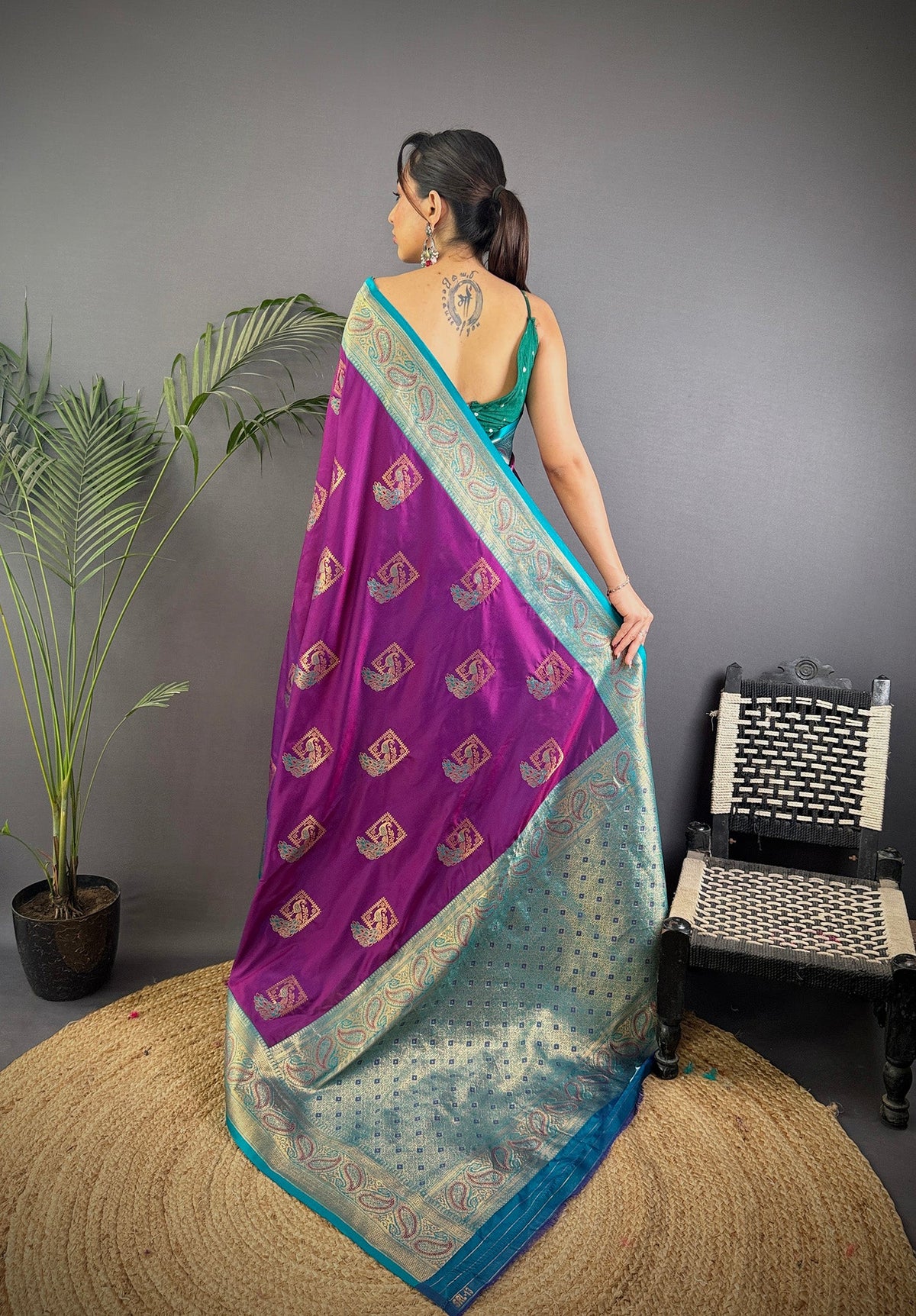 Elora Plum Soft Silk Peacock Pattern Zari Weaving Contrast Border Banarasi Saree | Grocsy