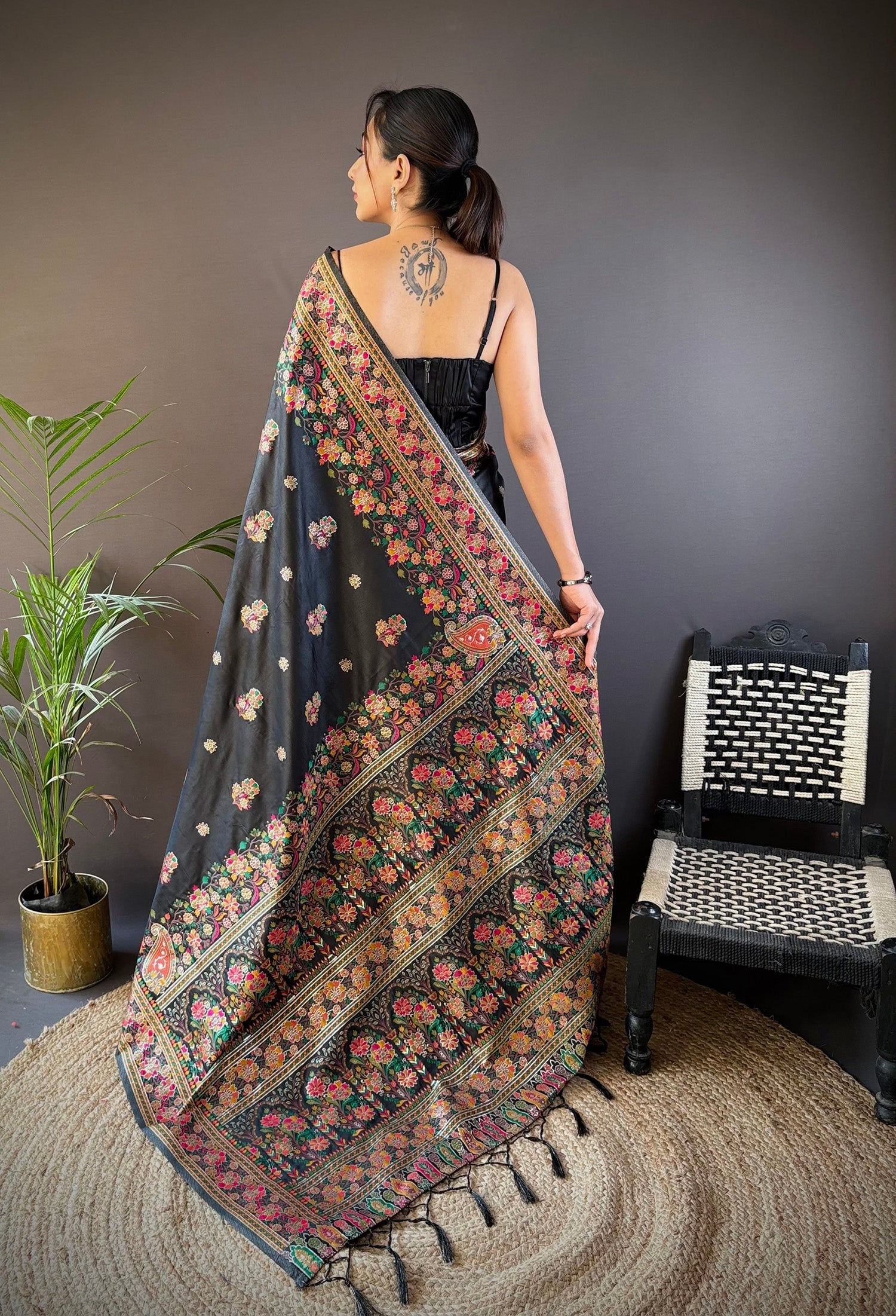 Elora Black Silk Meena Weaving Pashmina Work Kashmiri Saree | Grocsy