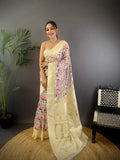 Elora Cream Silk Floral Motifs Coppery Tone Contrast Floral Border Banarasi Saree | Grocsy