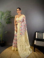 Elora Cream Silk Floral Motifs Coppery Tone Contrast Floral Border Banarasi Saree | Grocsy