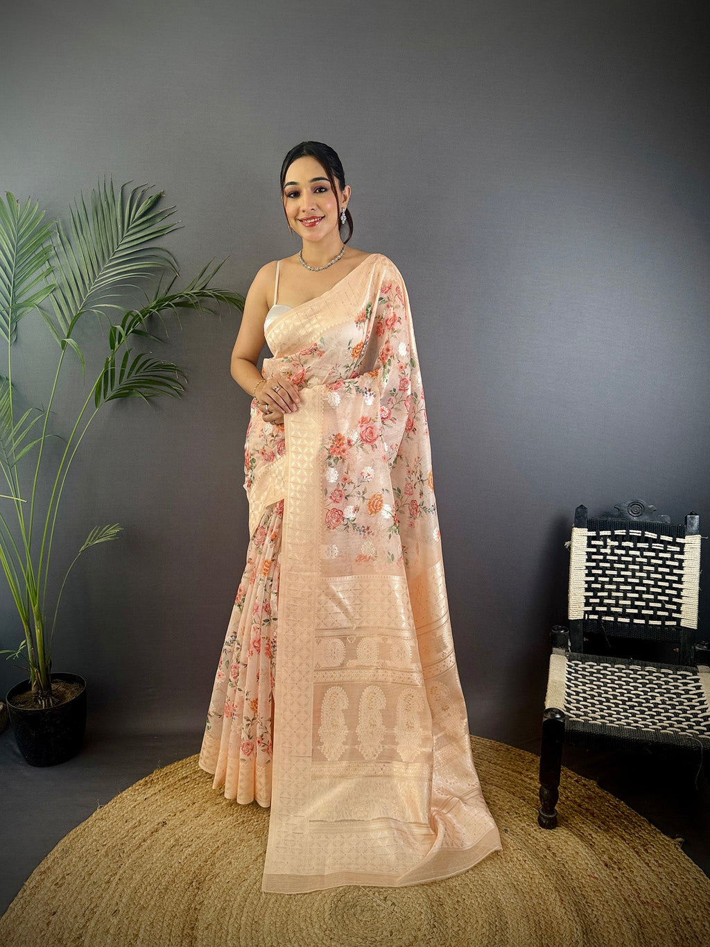 Elora Beige Silk Floral Motifs Coppery Tone Contrast Floral Border Banarasi Saree | Grocsy