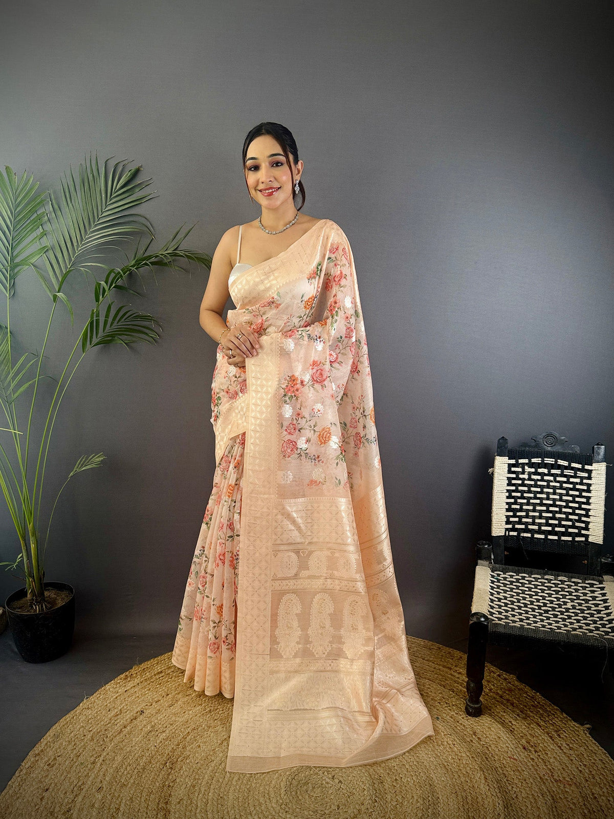 Elora Beige Silk Floral Motifs Coppery Tone Contrast Floral Border Banarasi Saree | Grocsy