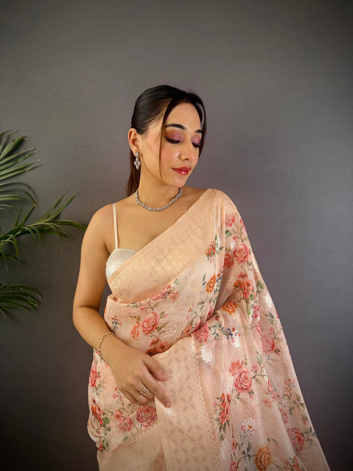 Elora Beige Silk Floral Motifs Coppery Tone Contrast Floral Border Banarasi Saree | Grocsy