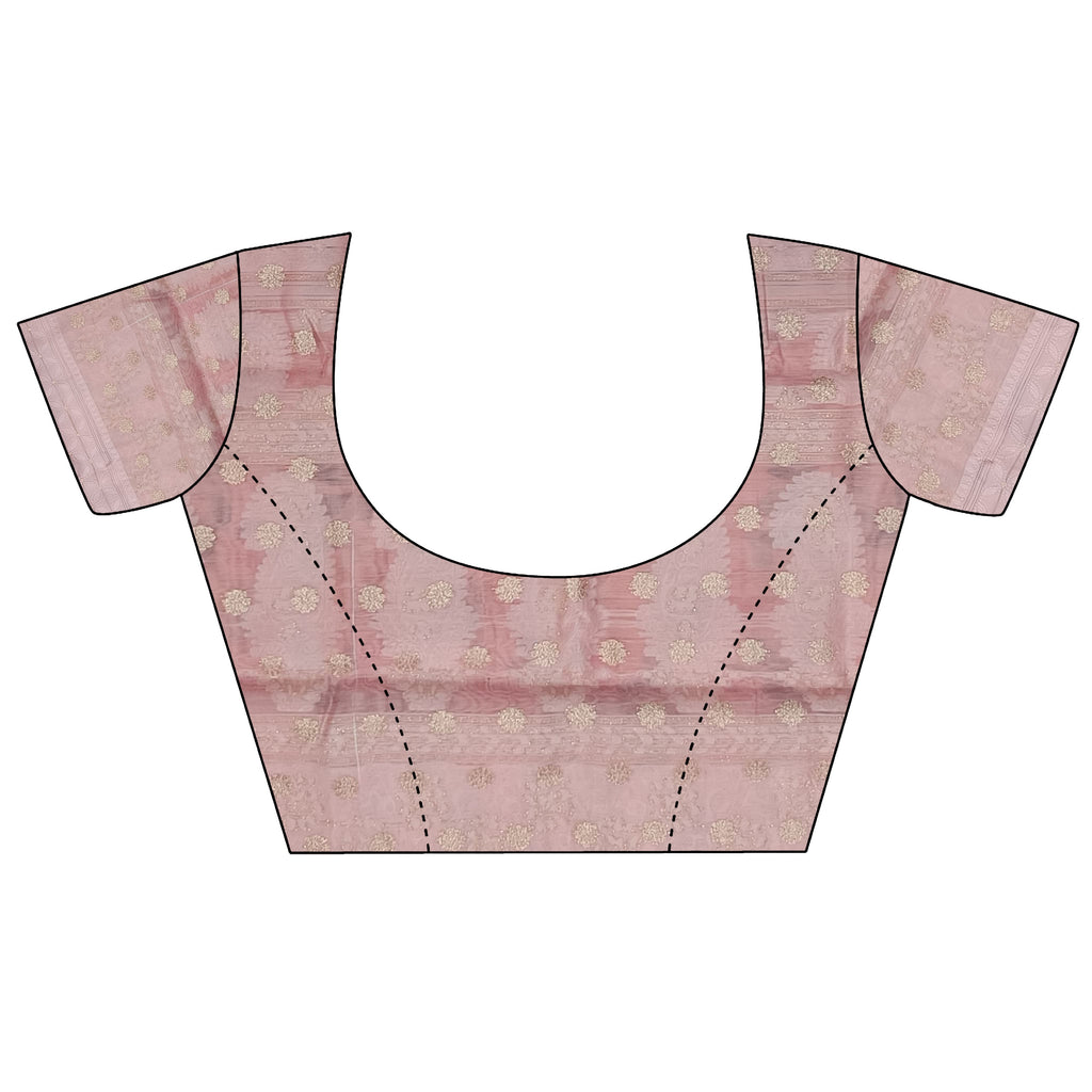Elora Baby Pink Silk Floral Motifs Coppery Tone Contrast Floral Border Banarasi Saree | Grocsy