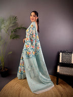 Elora Grey Silk Floral Motifs Coppery Tone Contrast Floral Border Banarasi Saree | Grocsy