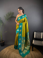 Elora Light Green Soft Silk Butti Zari Weaving Contrast Weaving Border Banarasi Saree | Grocsy