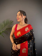 Elora Black Soft Silk Butti Zari Weaving Contrast Weaving Border Banarasi Saree | Grocsy
