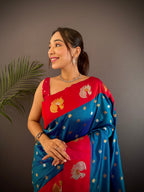 Elora Royal Blue Soft Silk Butti Zari Weaving Contrast Weaving Border Banarasi Saree | Grocsy