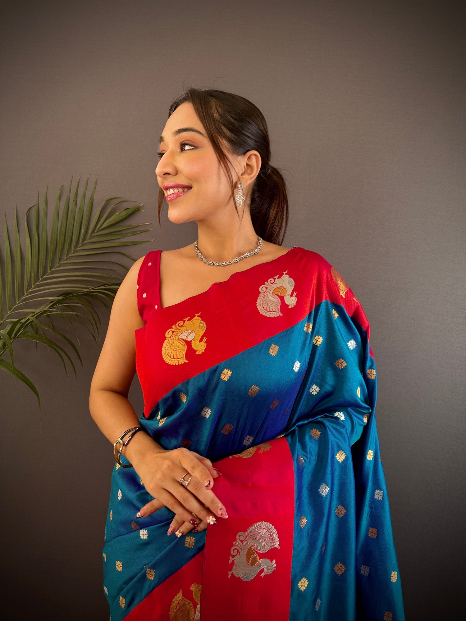 Elora Royal Blue Soft Silk Butti Zari Weaving Contrast Weaving Border Banarasi Saree | Grocsy