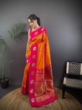 Elora Orange Soft Silk Butti Zari Weaving Contrast Weaving Border Banarasi Saree | Grocsy