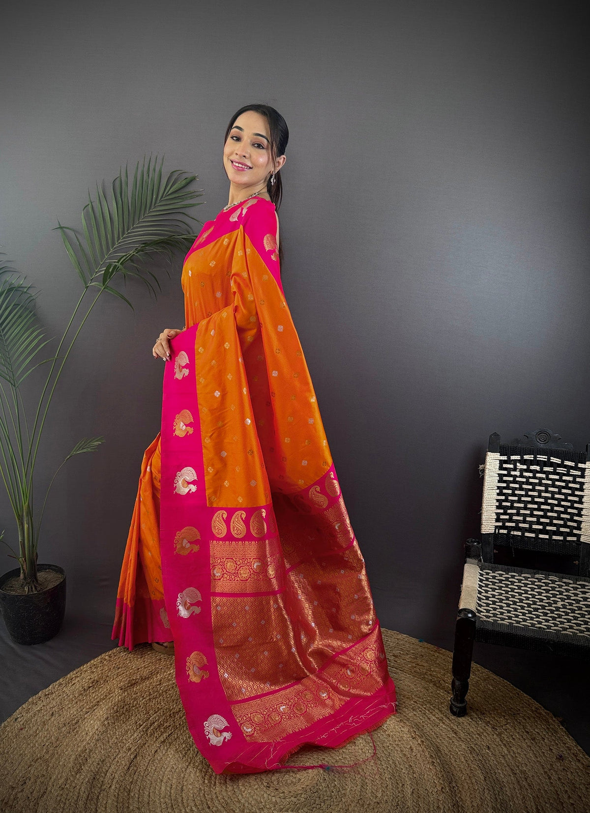 Elora Orange Soft Silk Butti Zari Weaving Contrast Weaving Border Banarasi Saree | Grocsy