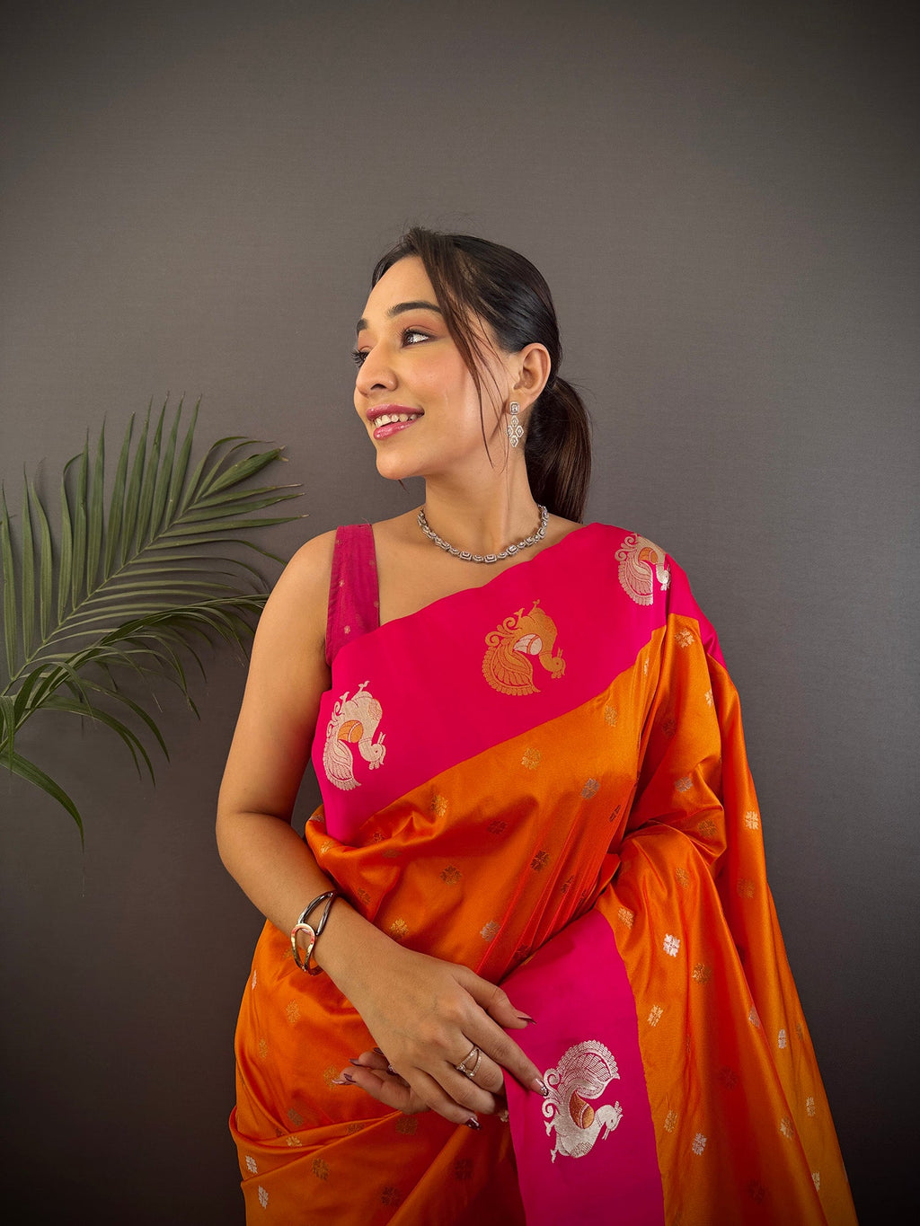 Elora Orange Soft Silk Butti Zari Weaving Contrast Weaving Border Banarasi Saree | Grocsy