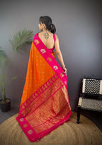Elora Orange Soft Silk Butti Zari Weaving Contrast Weaving Border Banarasi Saree | Grocsy