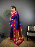 Elora Navy Blue Soft Silk Butti Zari Weaving Contrast Weaving Border Banarasi Saree | Grocsy