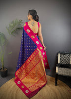 Elora Navy Blue Soft Silk Butti Zari Weaving Contrast Weaving Border Banarasi Saree | Grocsy
