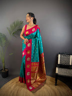 Elora Turquoise Soft Silk Butti Zari Weaving Contrast Weaving Border Banarasi Saree | Grocsy