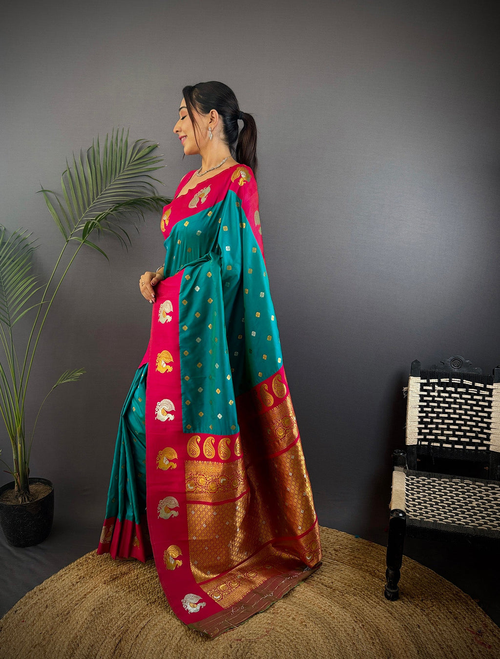 Elora Turquoise Soft Silk Butti Zari Weaving Contrast Weaving Border Banarasi Saree | Grocsy