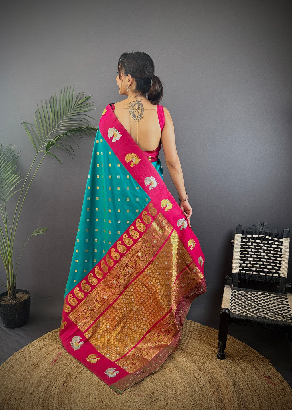 Elora Turquoise Soft Silk Butti Zari Weaving Contrast Weaving Border Banarasi Saree | Grocsy