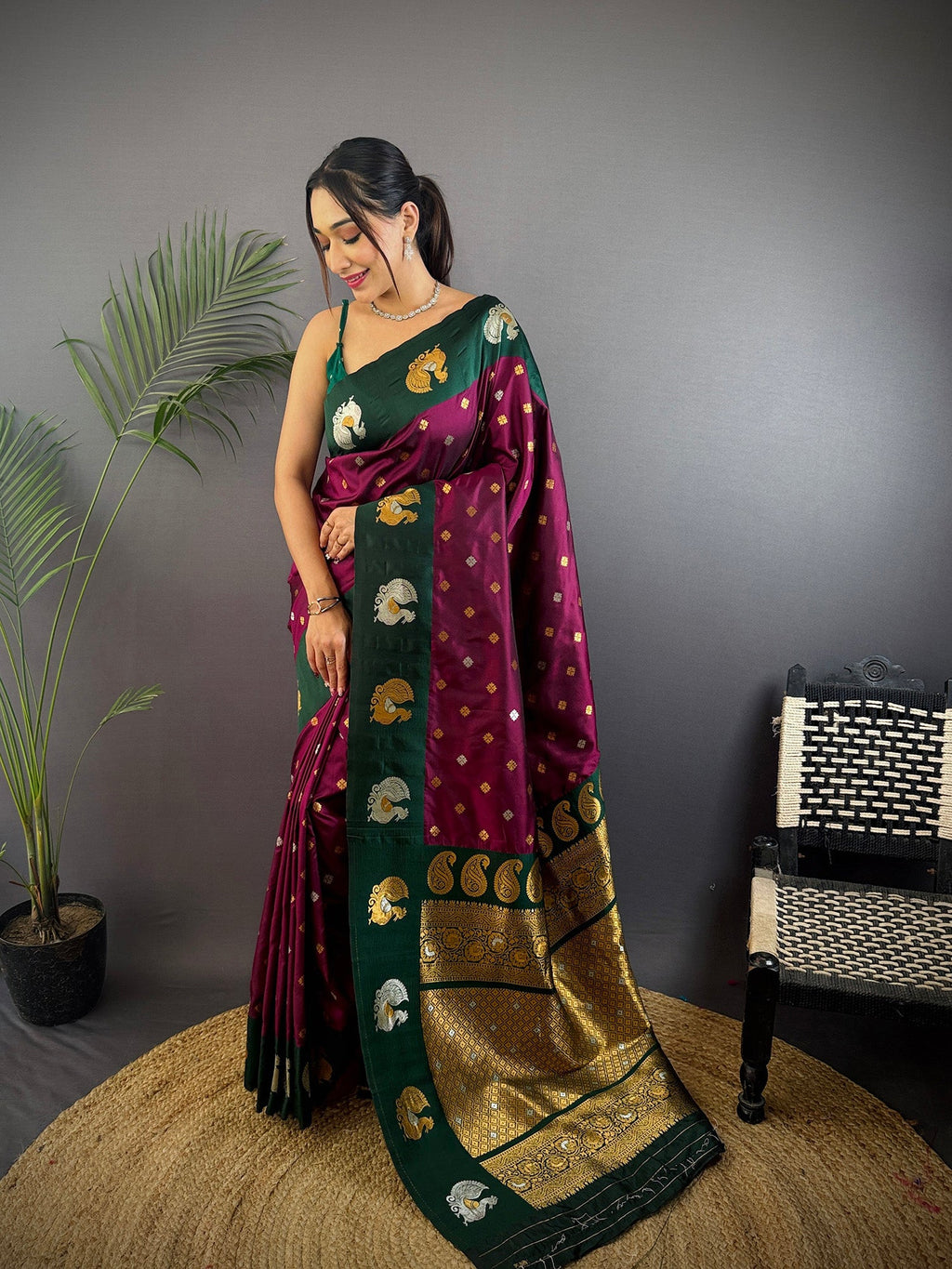 Elora Maroon Soft Silk Butti Zari Weaving Contrast Weaving Border Banarasi Saree | Grocsy