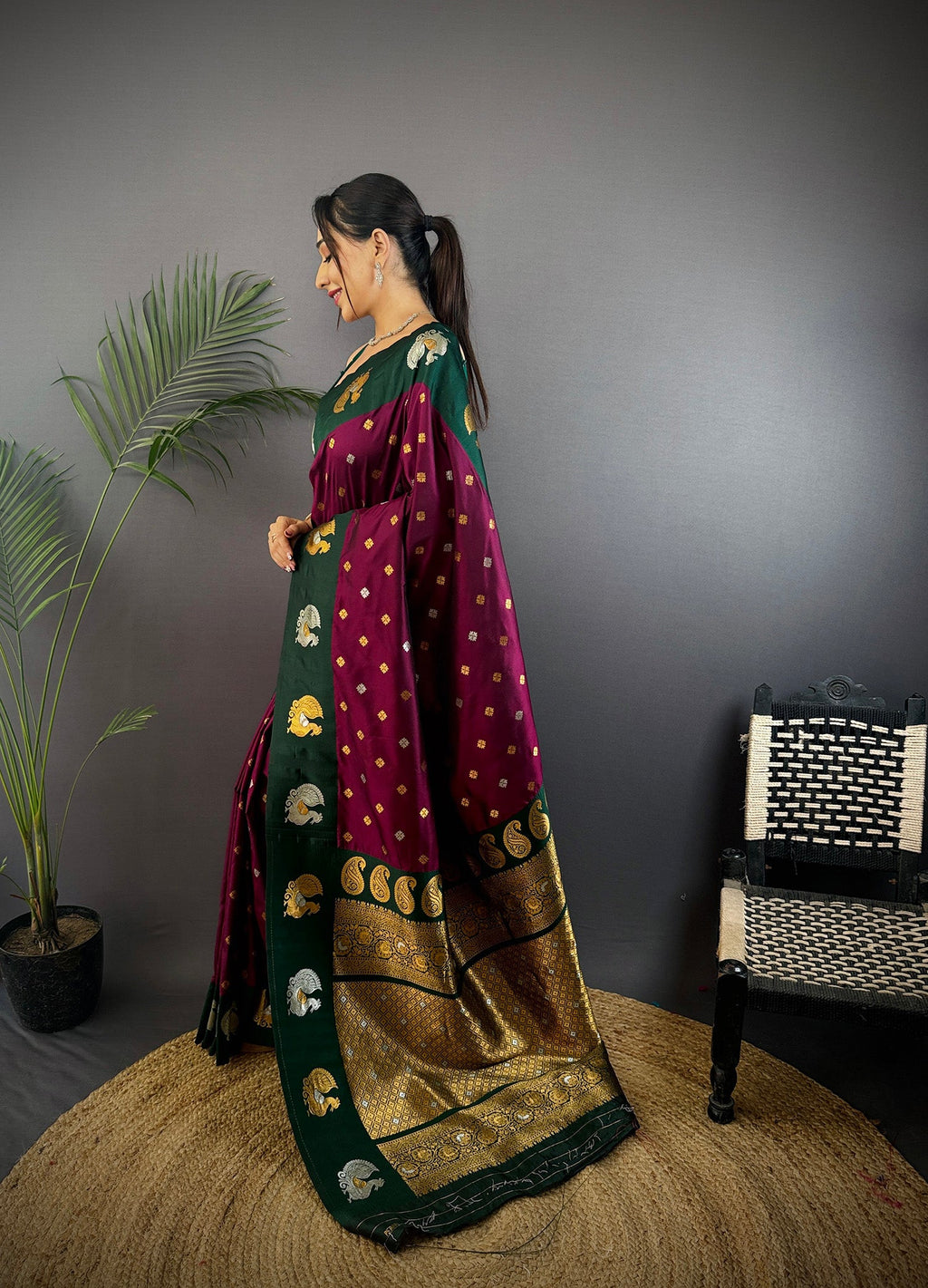 Elora Maroon Soft Silk Butti Zari Weaving Contrast Weaving Border Banarasi Saree | Grocsy