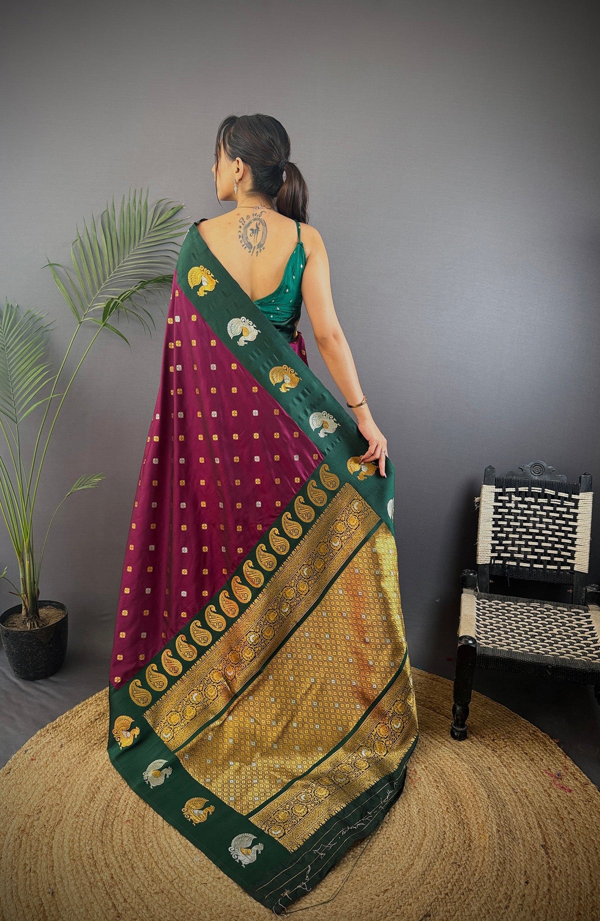 Elora Maroon Soft Silk Butti Zari Weaving Contrast Weaving Border Banarasi Saree | Grocsy