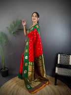 Elora Red Soft Silk Butti Zari Weaving Contrast Weaving Border Banarasi Saree | Grocsy
