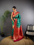Elora Green Soft Silk Butti Zari Weaving Contrast Weaving Border Banarasi Saree | Grocsy