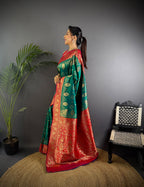 Elora Green Soft Silk Butti Zari Weaving Contrast Weaving Border Banarasi Saree | Grocsy