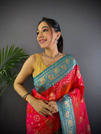 Elora Pink Soft Silk Butti Zari Weaving Contrast Weaving Border Banarasi Saree | Grocsy