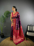 Elora Purple Soft Silk Butti Zari Weaving Contrast Weaving Border Banarasi Saree | Grocsy