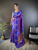 Elora Purple Soft Silk Meenakari Zari Weaving With Peacock Border Paithani Saree | Grocsy