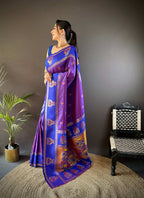 Elora Purple Soft Silk Meenakari Zari Weaving With Peacock Border Paithani Saree | Grocsy