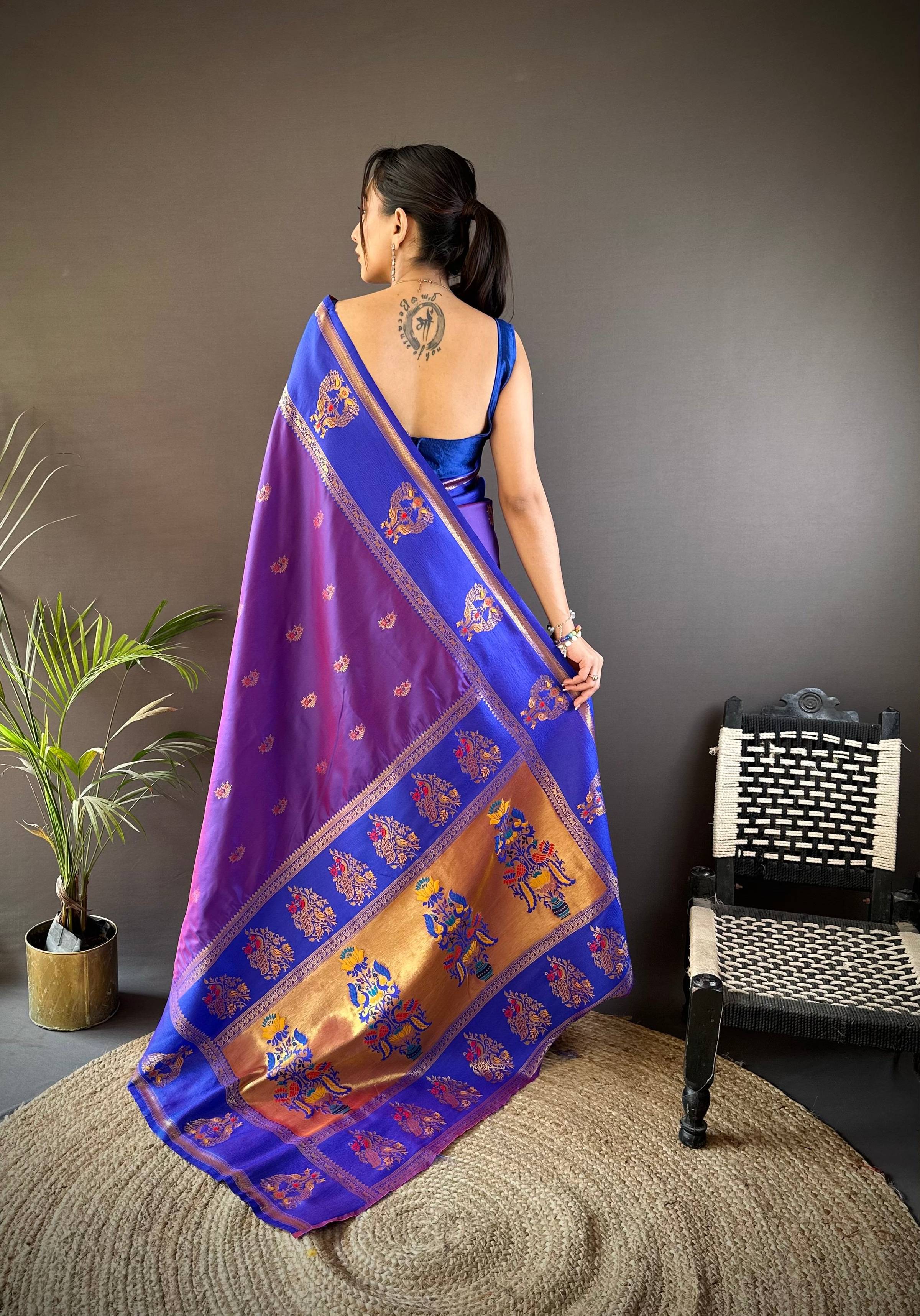 Elora Purple Soft Silk Meenakari Zari Weaving With Peacock Border Paithani Saree | Grocsy