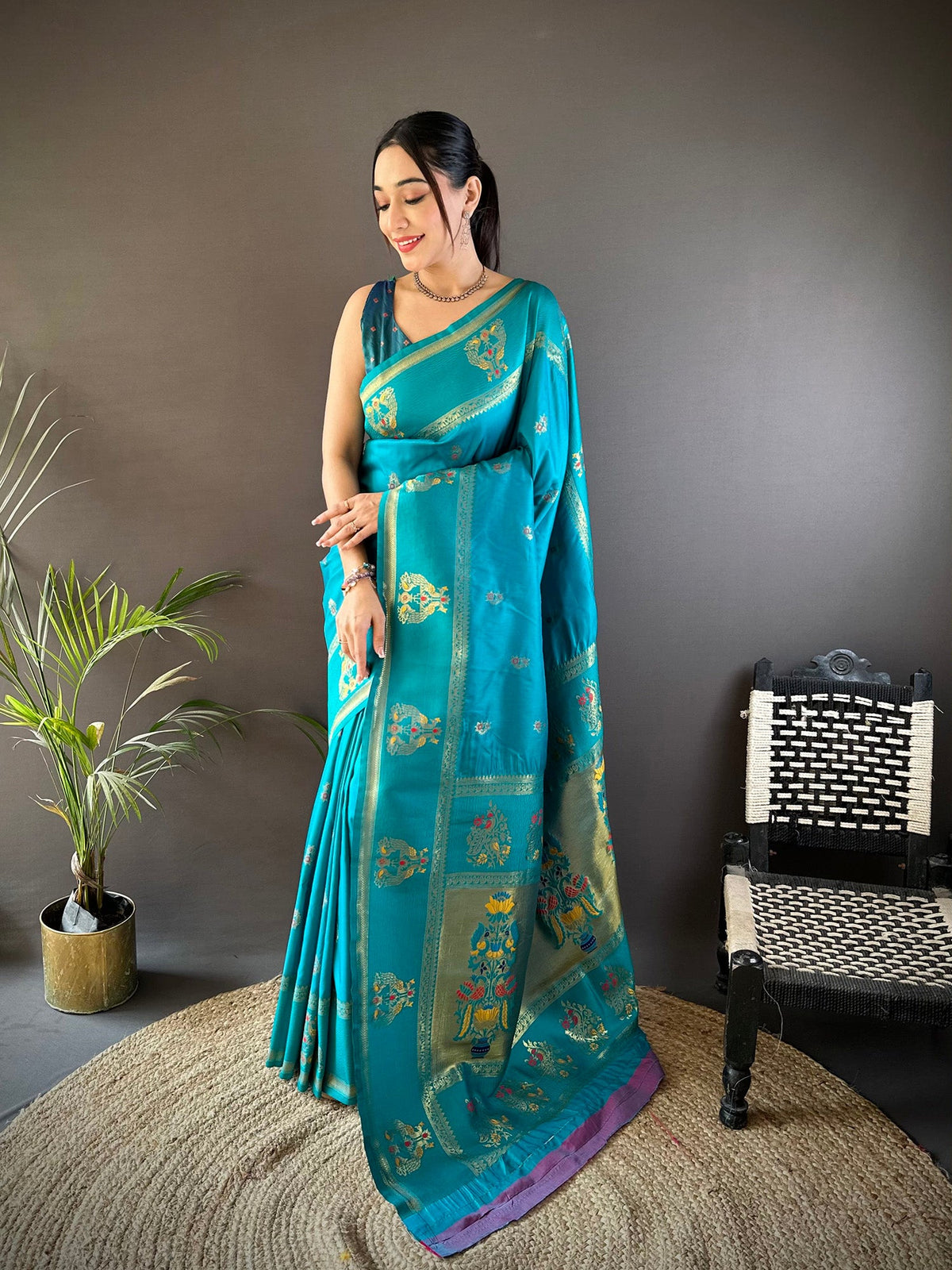 Elora Sky Blue Soft Silk Meenakari Zari Weaving With Peacock Border Paithani Saree | Grocsy