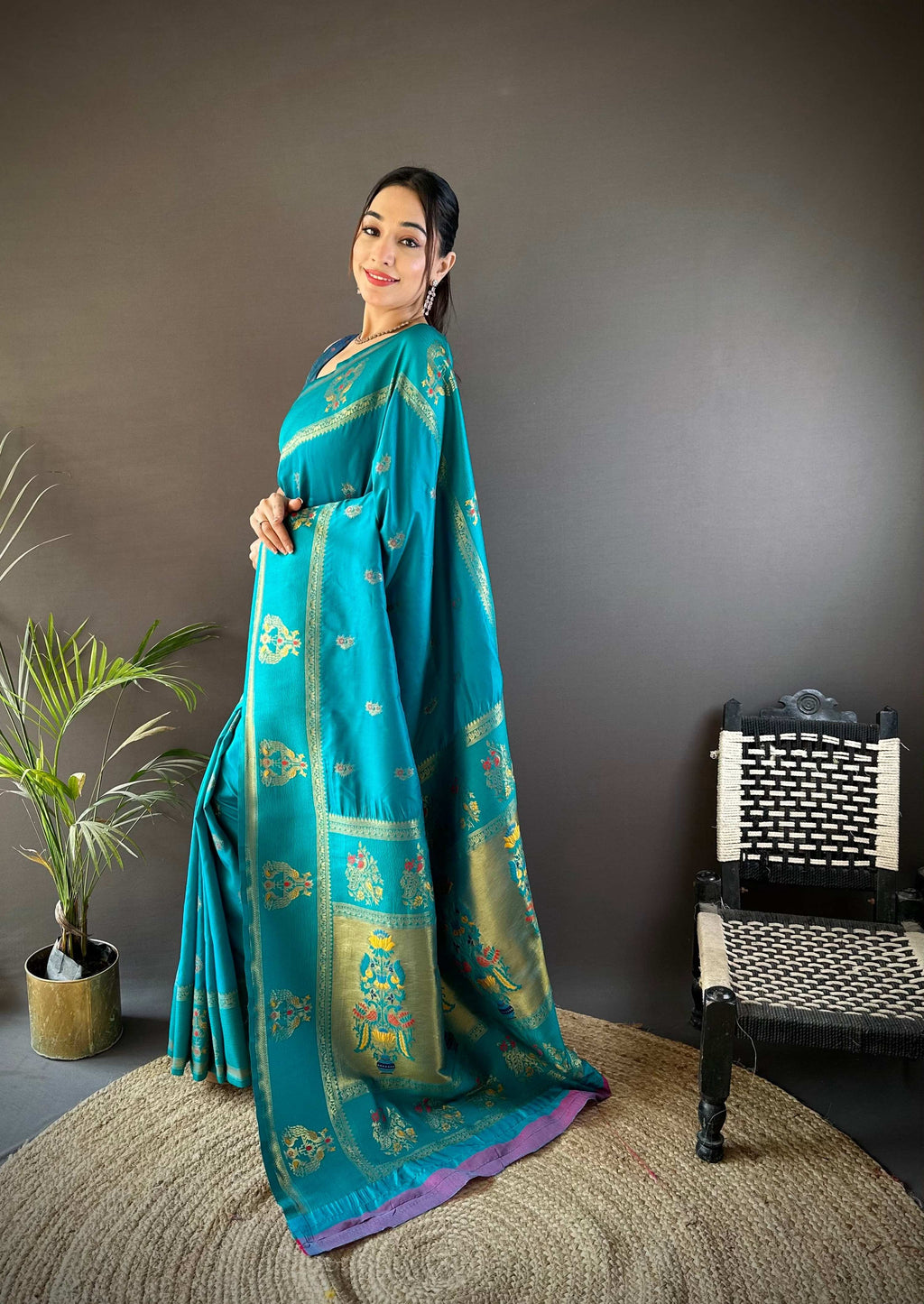 Elora Sky Blue Soft Silk Meenakari Zari Weaving With Peacock Border Paithani Saree | Grocsy