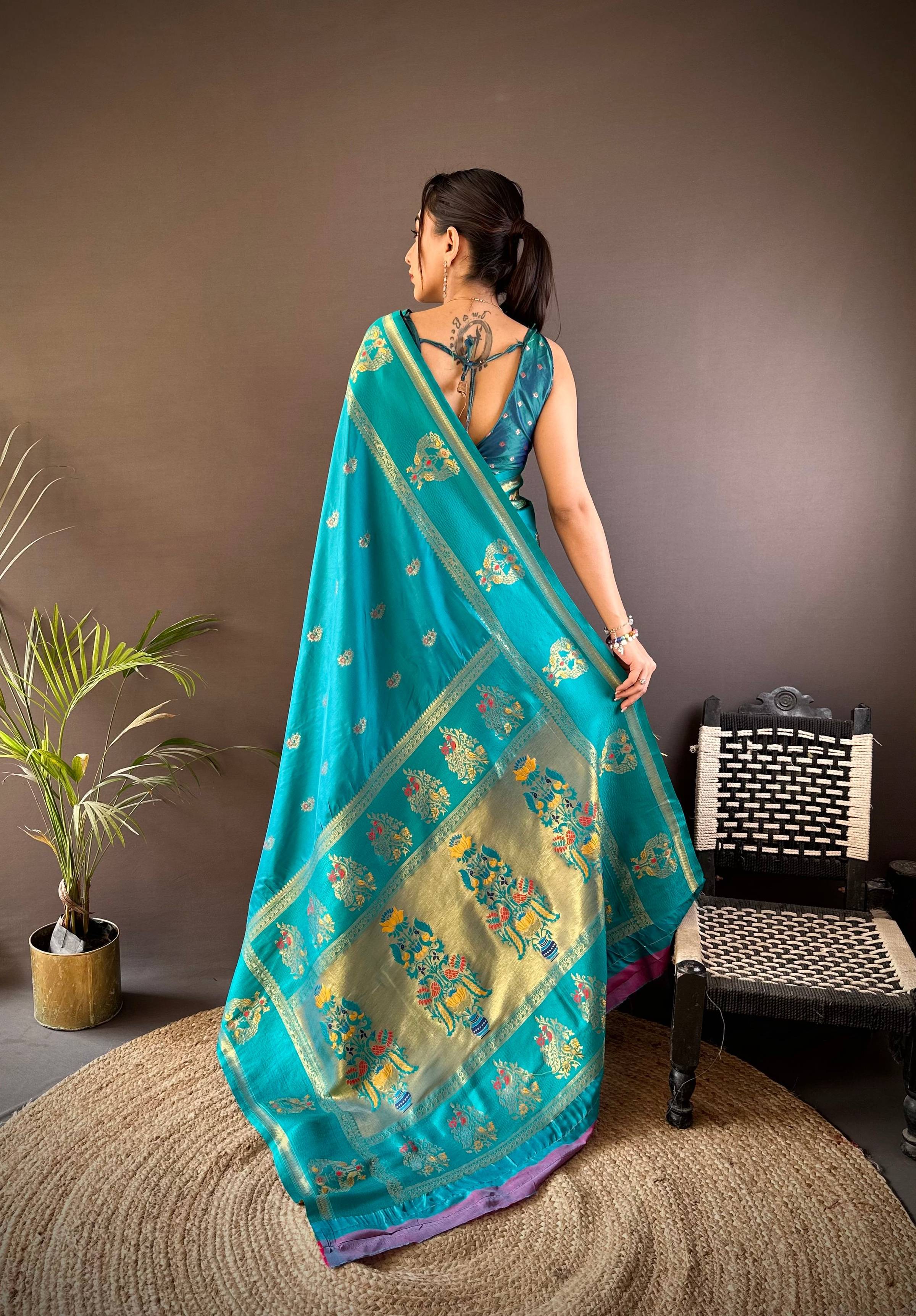 Elora Sky Blue Soft Silk Meenakari Zari Weaving With Peacock Border Paithani Saree | Grocsy