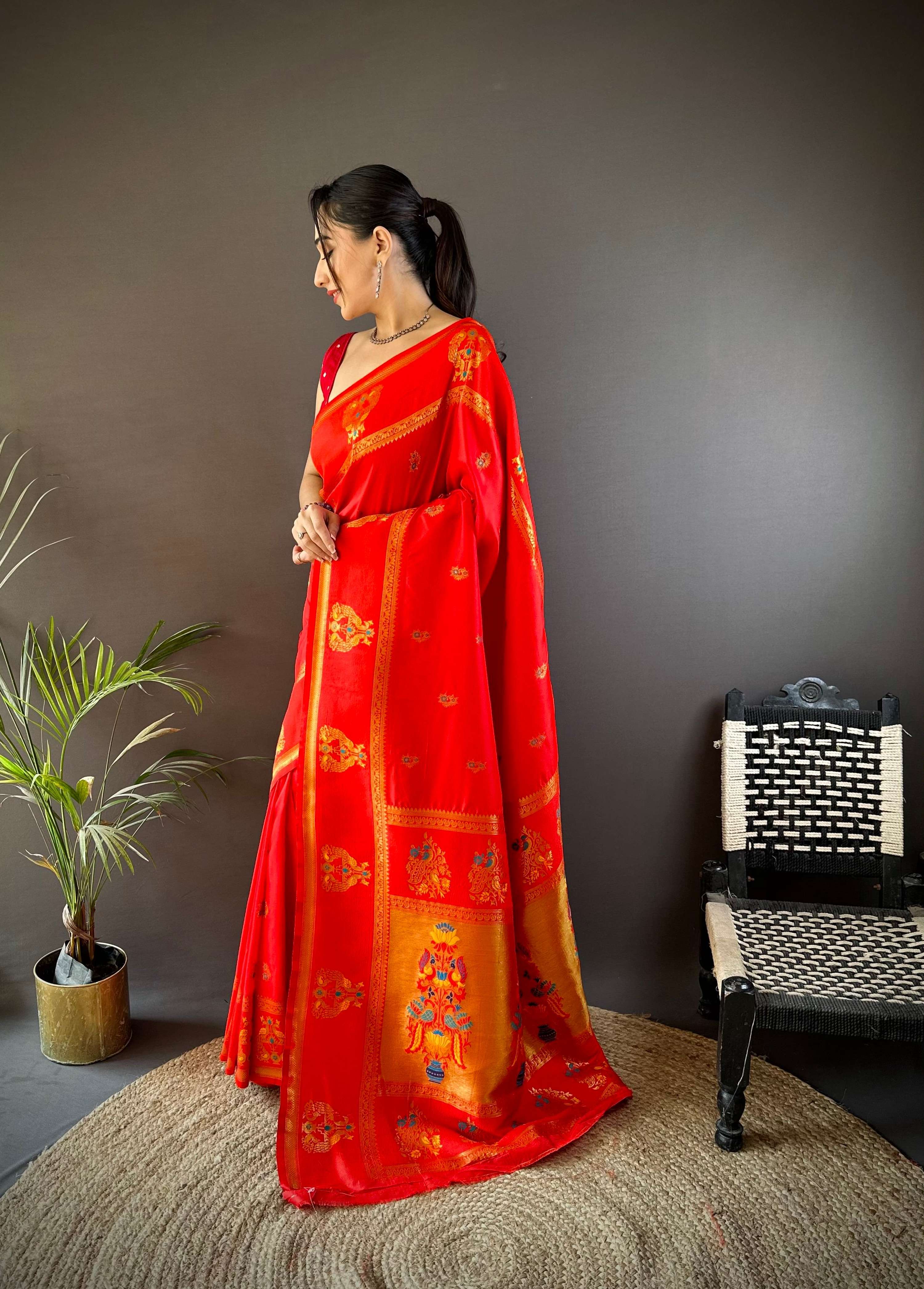 Elora Soft Silk Meenakari Zari Weaving With Peacock Border Paithani Saree | Grocsy