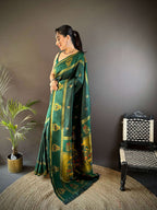 Elora Dark Green Soft Silk Meenakari Zari Weaving With Peacock Border Paithani Saree | Grocsy