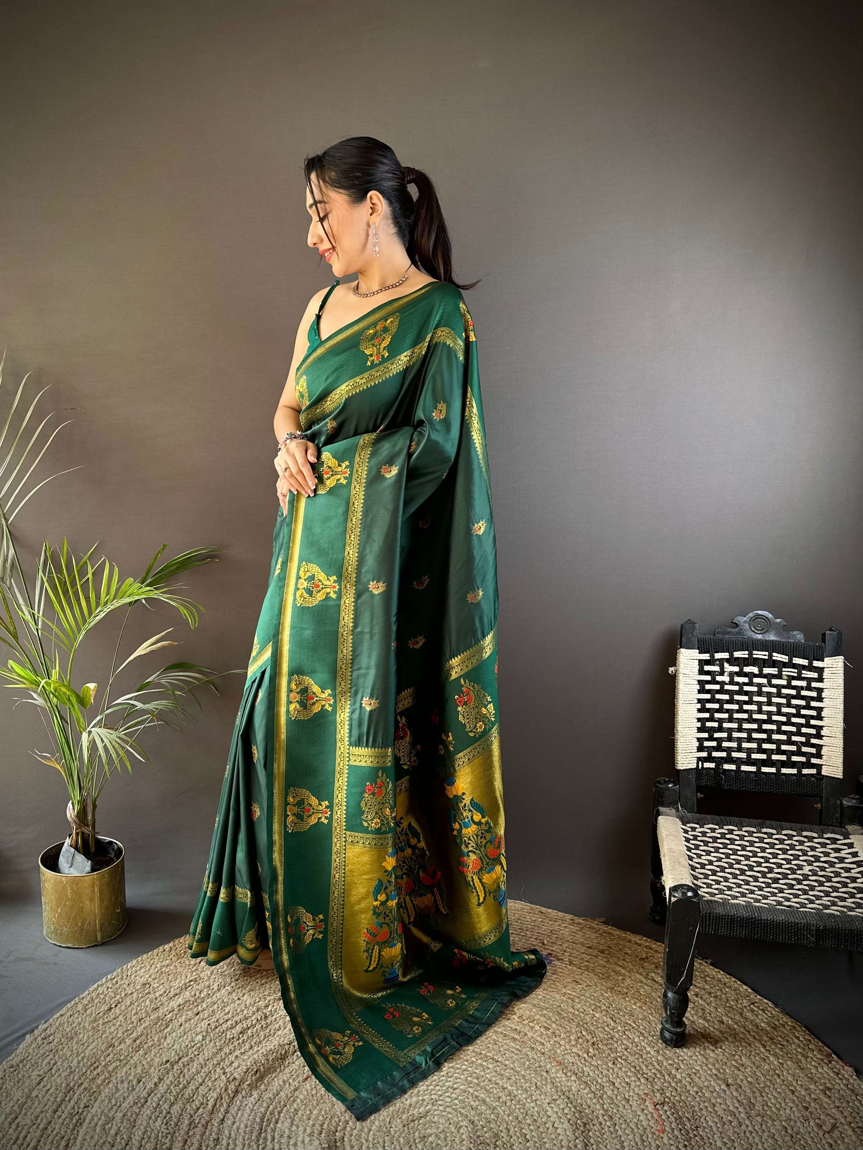 Elora Dark Green Soft Silk Meenakari Zari Weaving With Peacock Border Paithani Saree | Grocsy
