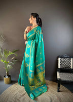 Elora Rama Green Soft Silk Meenakari Zari Weaving With Peacock Border Paithani Saree | Grocsy