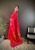 Elora Pink Soft Silk Meenakari Zari Weaving With Peacock Border Paithani Saree | Grocsy